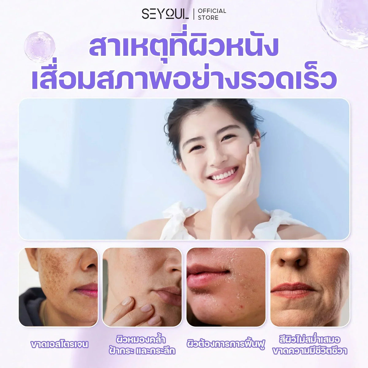 Close-up of woman with clear skin, with comparison images showing dull, uneven, and aging skin issues.