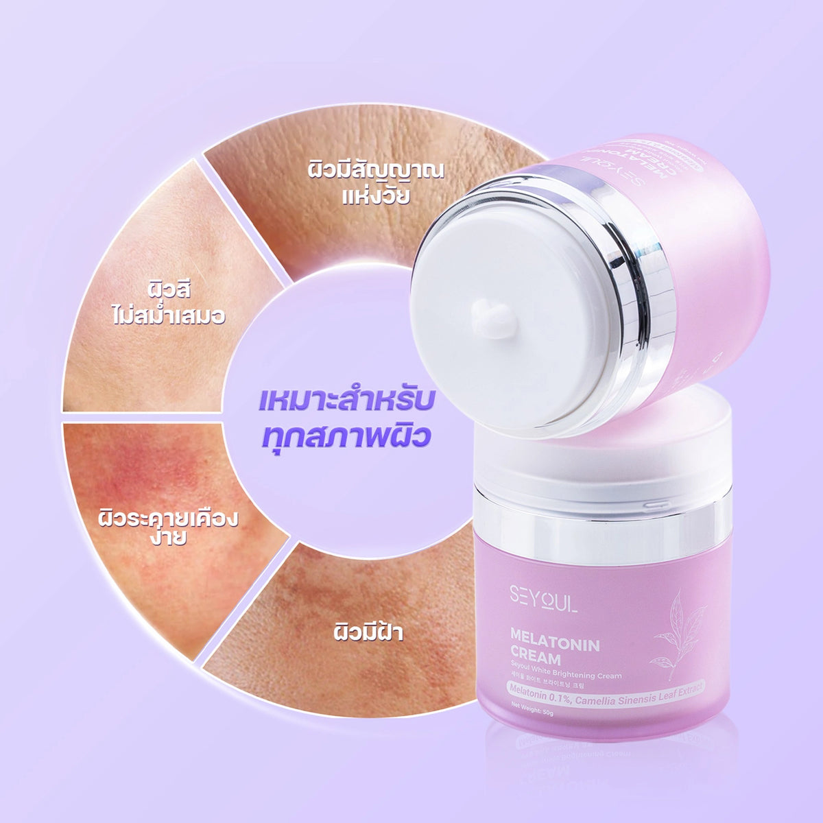 Pink melatonin cream jar on purple background, with close-ups of different skin concerns such as uneven tone, redness, signs of aging, and dark spots.