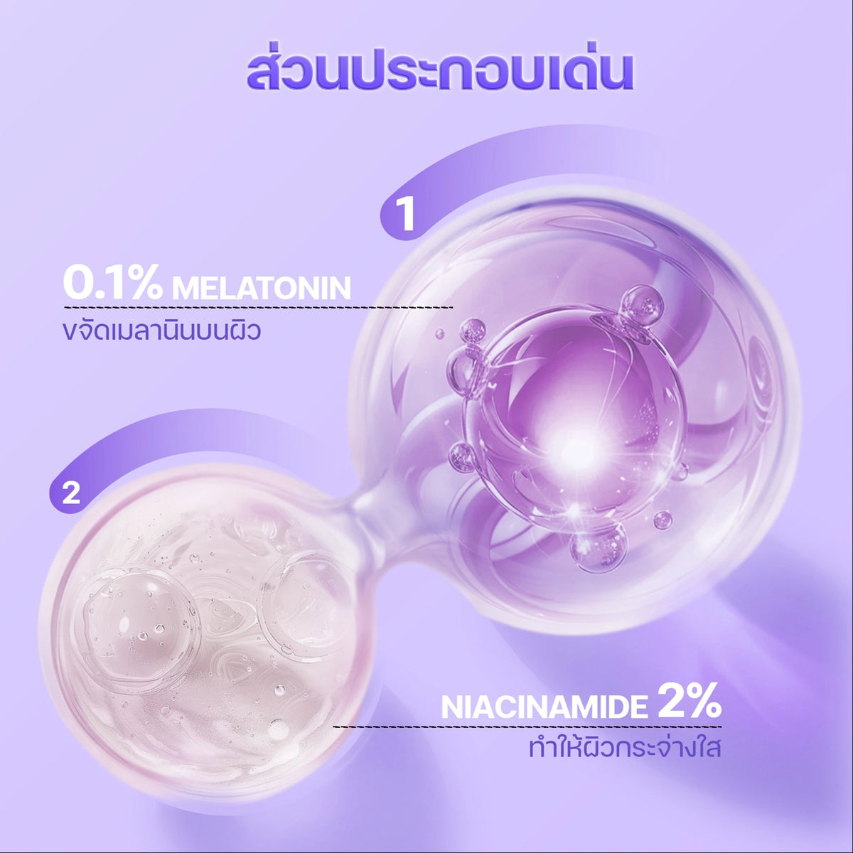 Skincare ingredients illustration with 0.1% melatonin and 2% niacinamide in glossy spheres