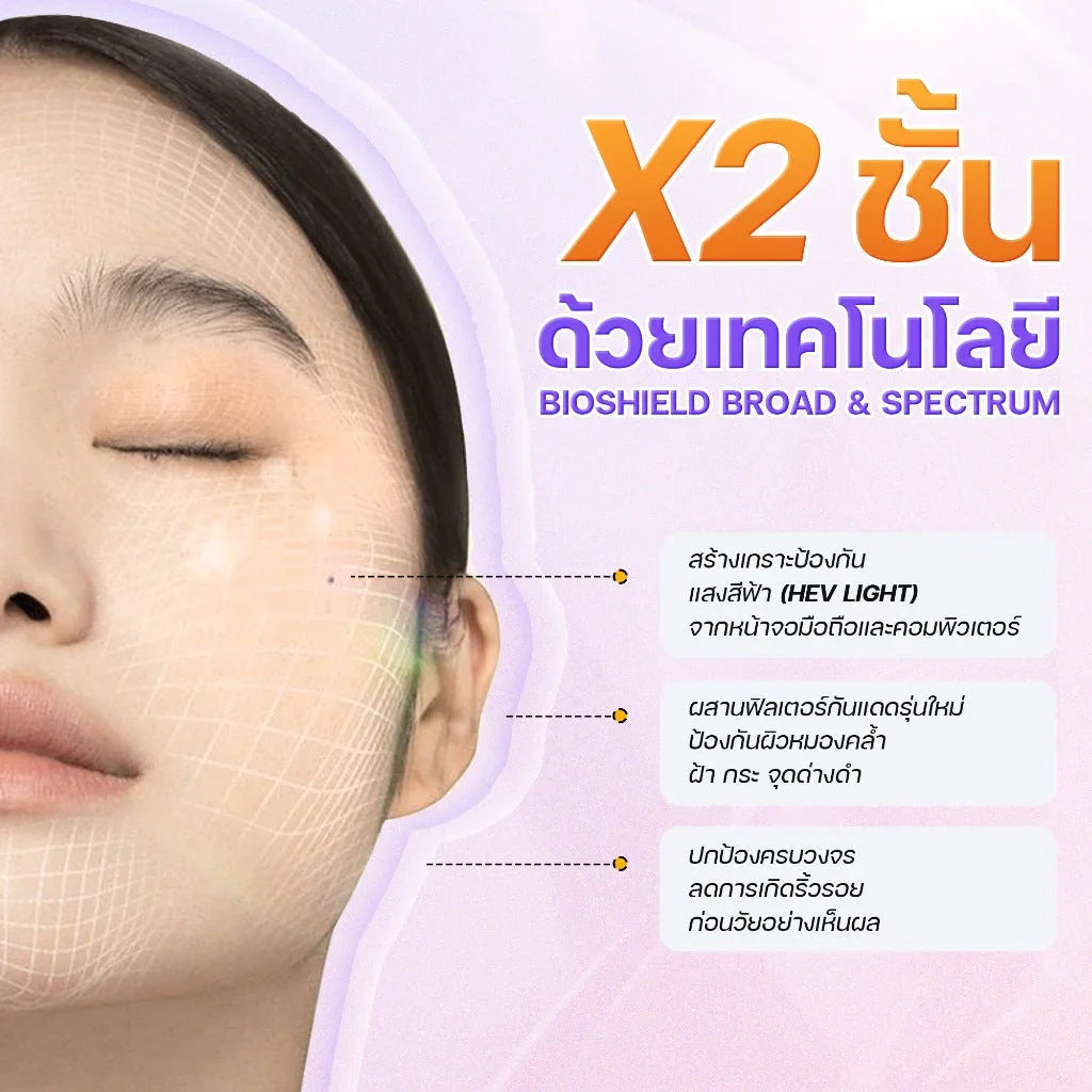 Close-up of woman's face with skincare protective grid, Thai text highlighting bioshield broad spectrum technology benefits.