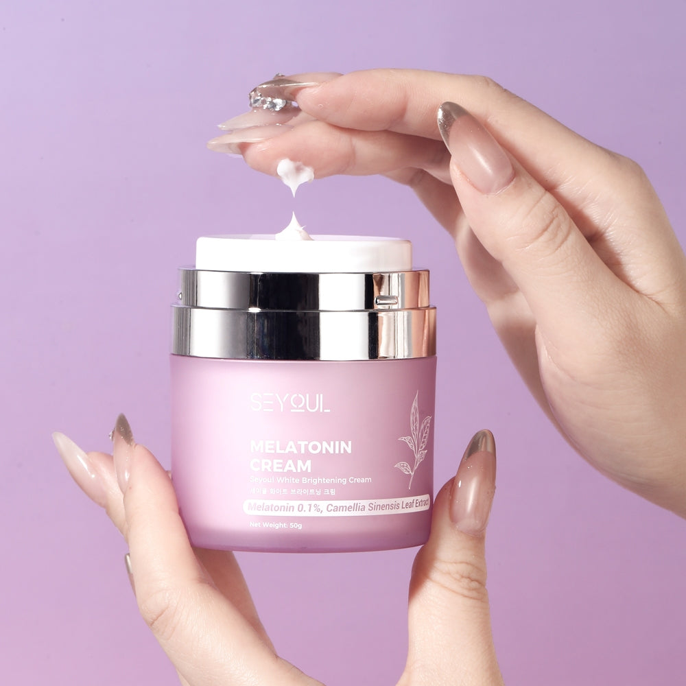 Hand applying melatonin cream from a purple jar against a pastel background, skincare product