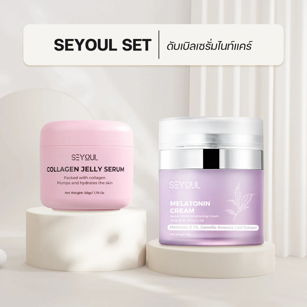 Collagen Jelly Serum and Melatonin Cream skincare set with pastel packaging on display