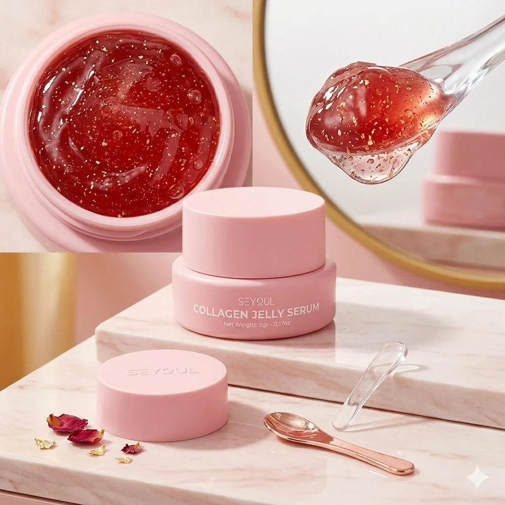 Open jar of collagen jelly serum with gold flakes, pink packaging, and applicators on marble