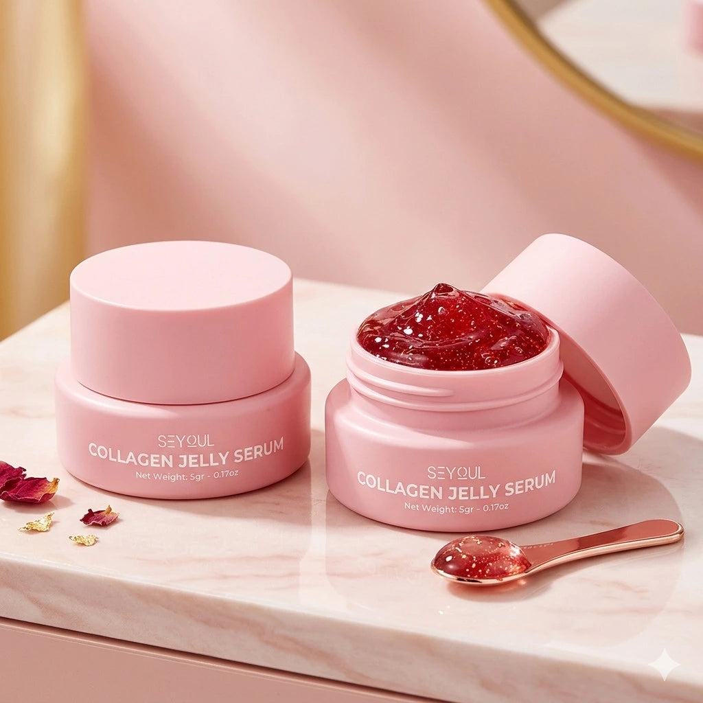 Collagen jelly serum in pink jars with gel texture, skincare product on marble surface