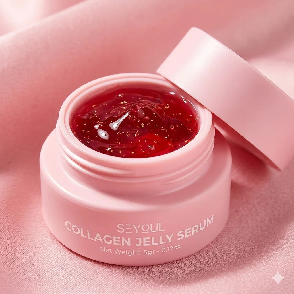 Open jar of pink collagen jelly serum with glossy texture on a soft pink fabric background