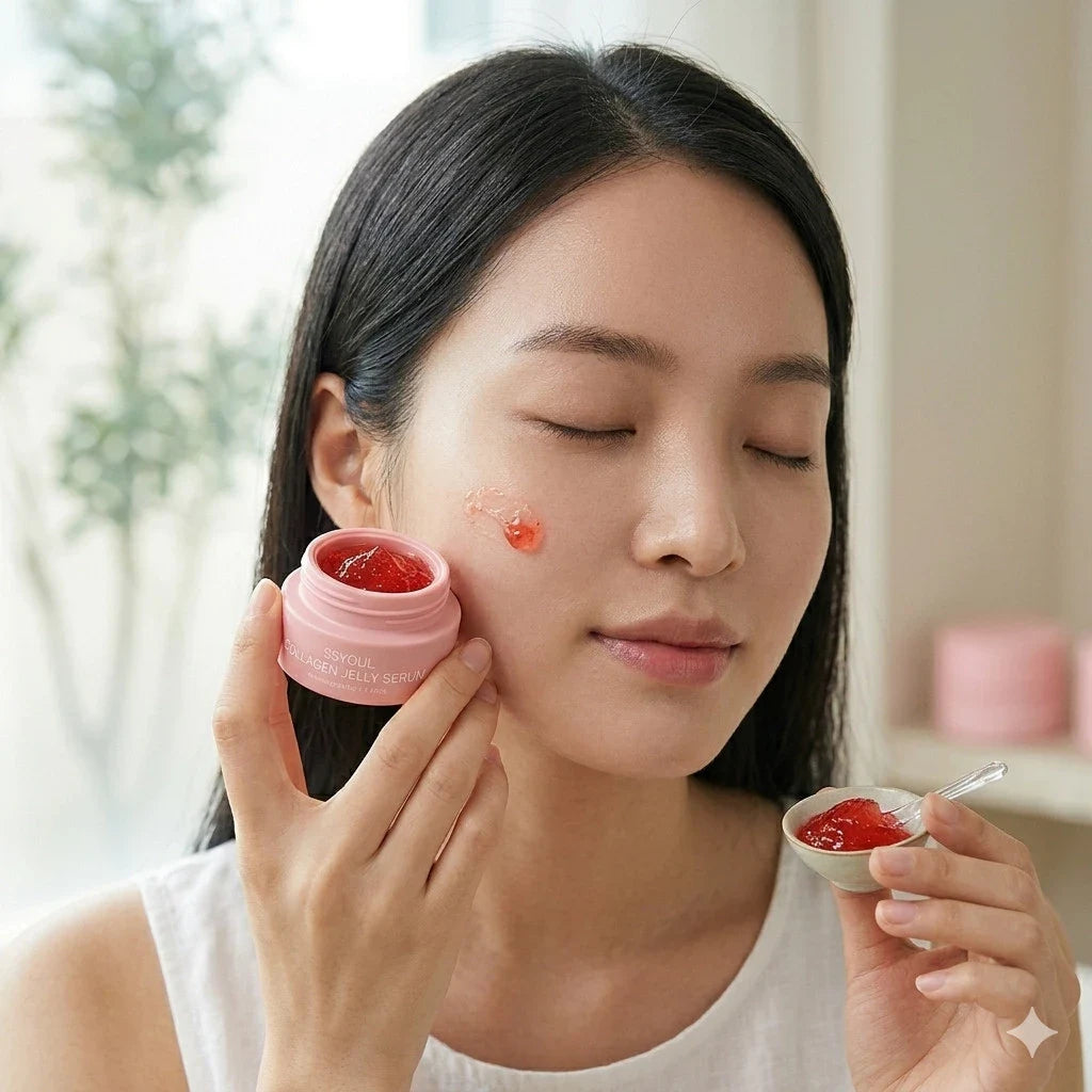 Woman applying Korean collagen jelly serum to her face, skincare product in pink jar