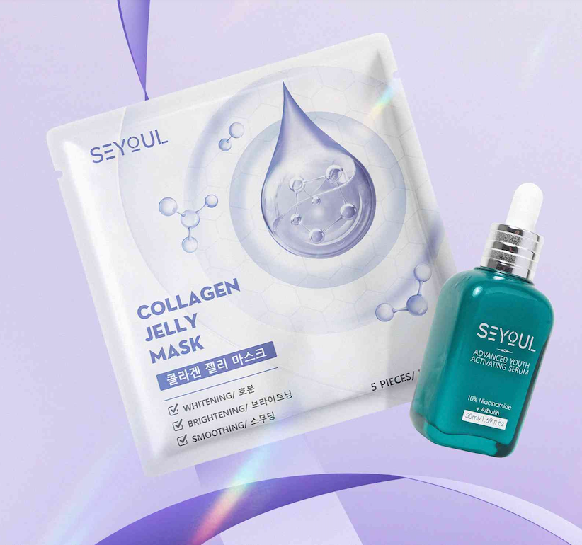 Collagen jelly mask sheet and advanced youth activating serum with dropper on lavender background